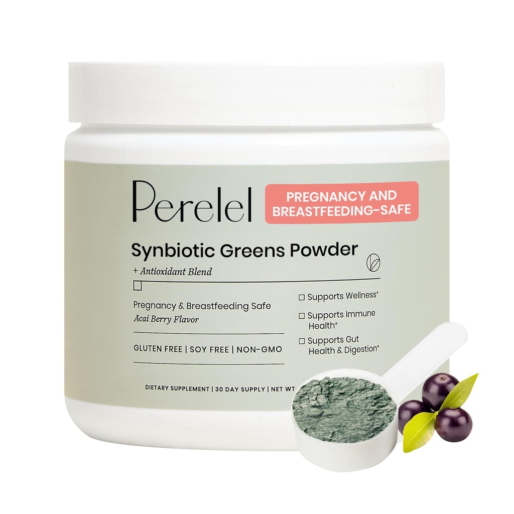 Poudre de Perelel Synbiotics Greens, mélange super-alimentaire avec des fruits, légumes, probiotiques, fibre, Spiruline et Chlorella, supplément vert quotidien, sans soja et gluten, sans OGM, açai Berry Flavor, 30 portions