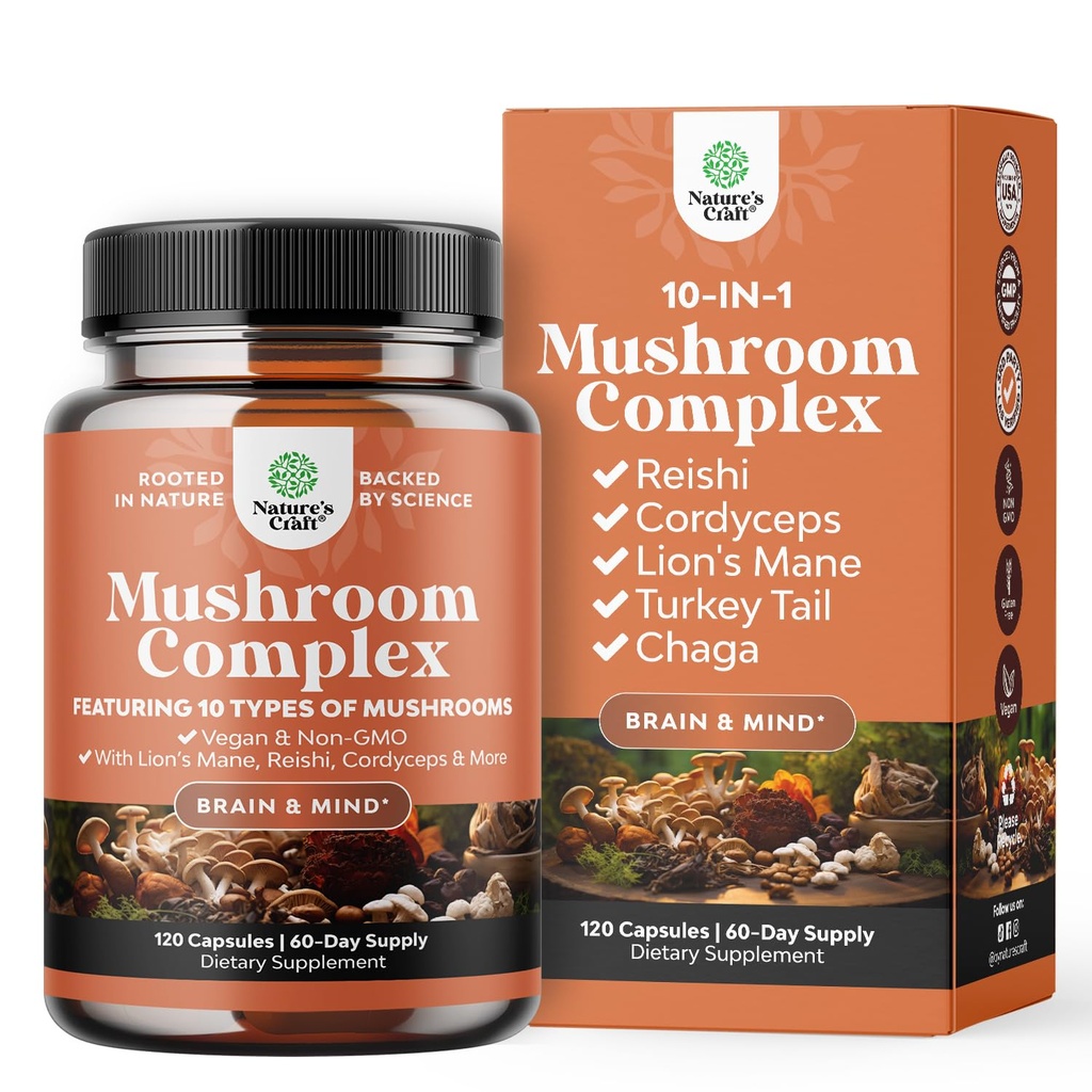 Advanced Mushroom Complex Capsules - 10X Lions Mane Supplement Capsules mit Reishi, Chaga, Maitake & Shiitake für Gehirn-Gesundheits-Memory-Unterstützung & Fokus - Nootropic für psychische Klarheit - 120 Caps