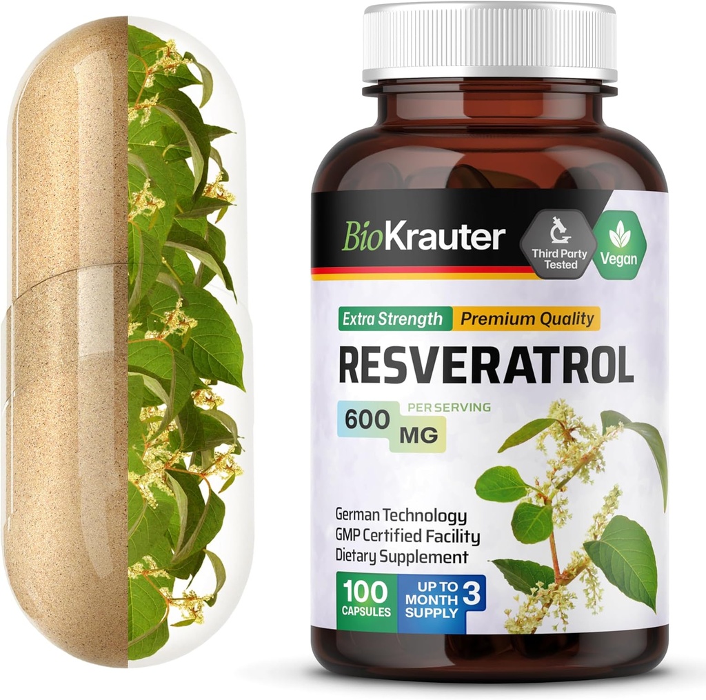 BIO KRAUTER Resveratrol Ergänzung Kapseln 600 mg - 100 Count - Natürliche Antioxidationsmittelquelle - 98% reines Trans-Resveratrol-Pulver - Vegan
