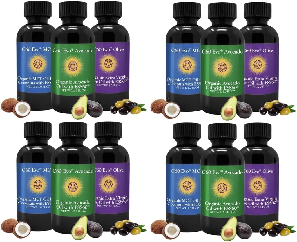Huiles comestibles tout-naturel, Mini Ensemble d'échantillonneur d'huile avec C60 ESS60 pur, Immune Support et Joint Support Supplément avec huile d'olive, huile d'avocat et huile de noix de coco MCT, lot de 12, 2 Oz