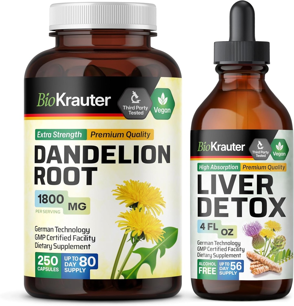 BIO KRAUTER Dandelion Racine 250 Capsules & Support du foie Teinture 4 Fl. Oz.