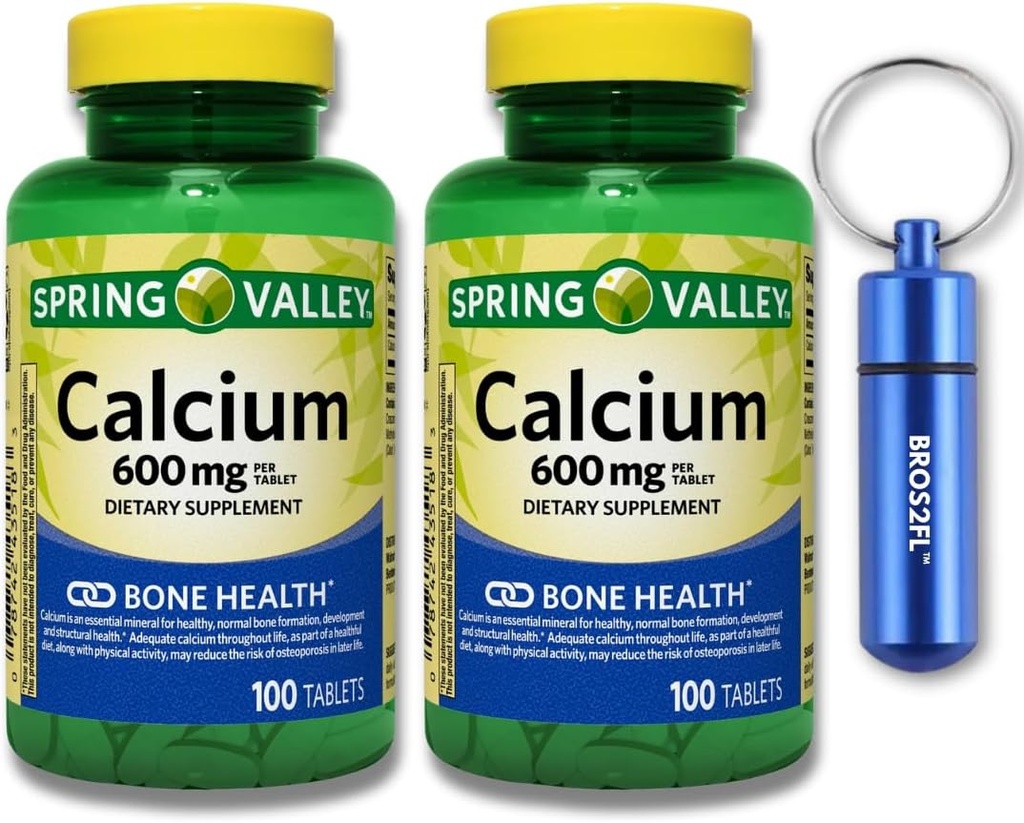 Kalzium Knochen Gesundheit Nahrungsergänzung Tabletten, 600 mg, 100 Count (2-Pack) Bundle mit BROS2FL Schlüsselanhänger Wasserdicht tragbare Metall Pille Box (2 Artikel)