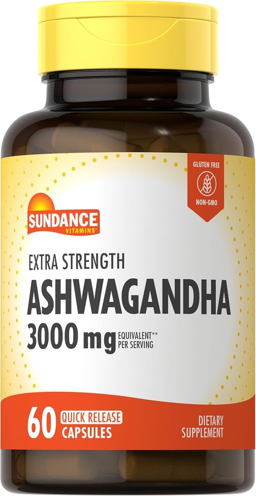 Sundance Ashwagandha Capsules | 3000mg | 60 Count | Extra Strength Formula | with Black Pepper Extract | Non-GMO und Gluten Free Supplement