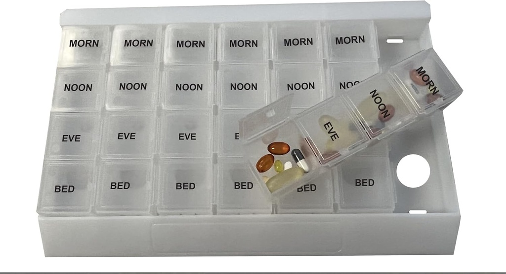 ProMed Unique XL Weekly 4 Times Daily 7 Day Pill Organizer für Medikamente, Vitamine und Nahrungsergänzungsmittel, Pillengehäuse mit abnehmbaren klaren Fächern Das ist BPA-frei mit Food-Grade Plastic.