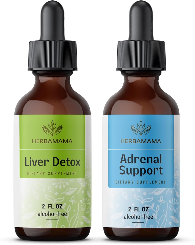HERBAMA Kräuterflüssigkeit Tropfen Kit - Bundle von Leber Detox Complex 4 fl oz & Adrenal Support Drops 2 fl oz - Vegan, Non-GMO, Zucker & Alkoholfrei - 2 Pack