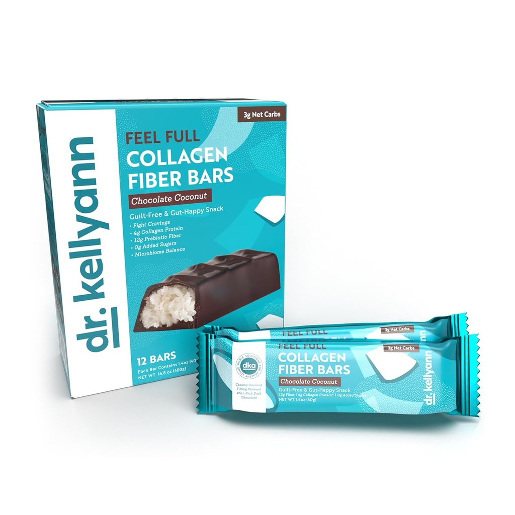 Dre Kellyann Keto Barre de fibre de collagène (12 barres) – Haute fibre, faible teneur en glucides, sans gluten, kéto et paléo-friendly, 1 boîte