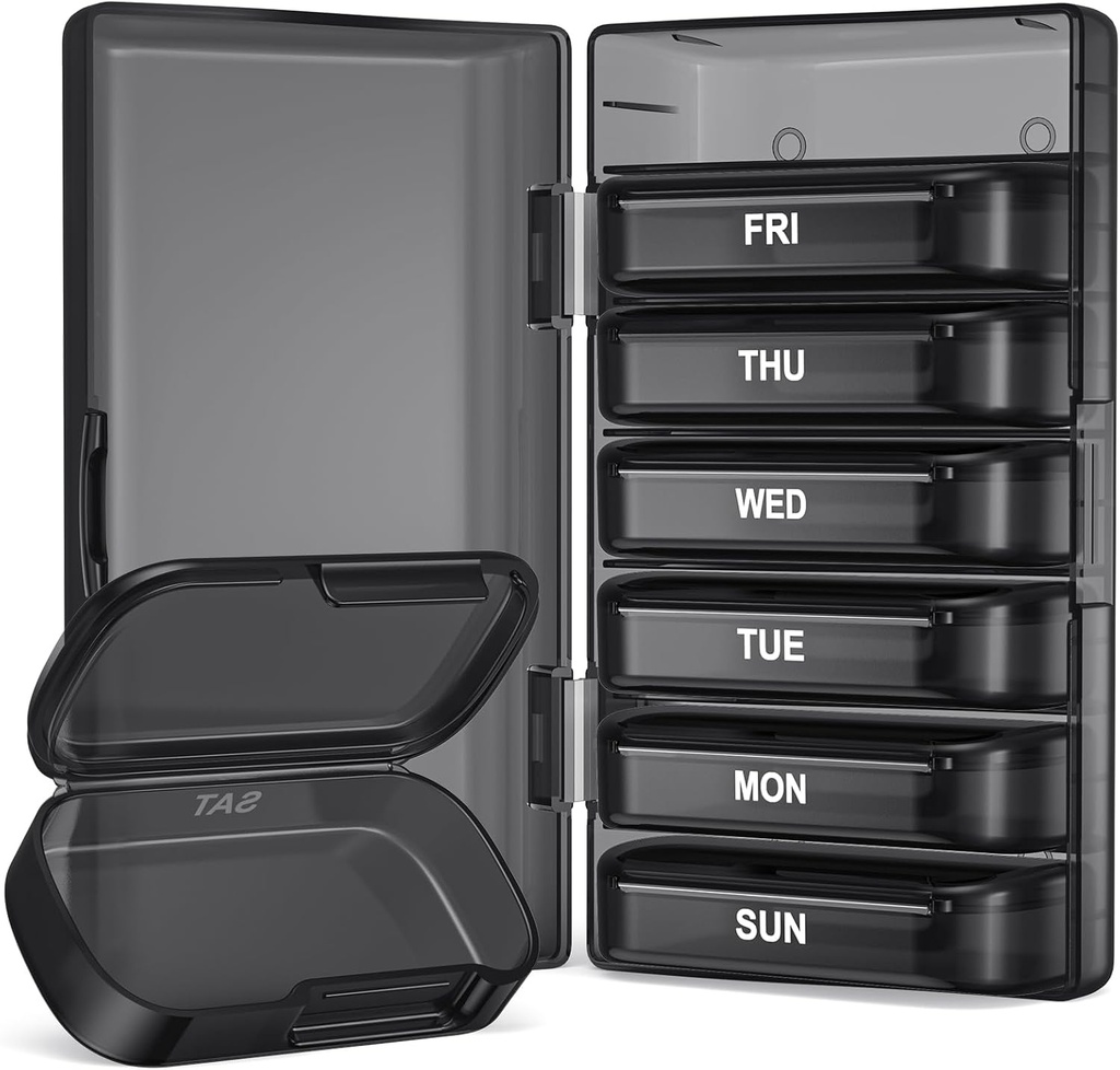 PULIV Organisateur hebdomadaire de pilules avec grande capacité, Pill Box à double protection 7 jours, Cas de pilule facile à ouvrir, Organisateur de médicaments pour les vitamines, médicaments, huiles de poisson, suppléments (noir)