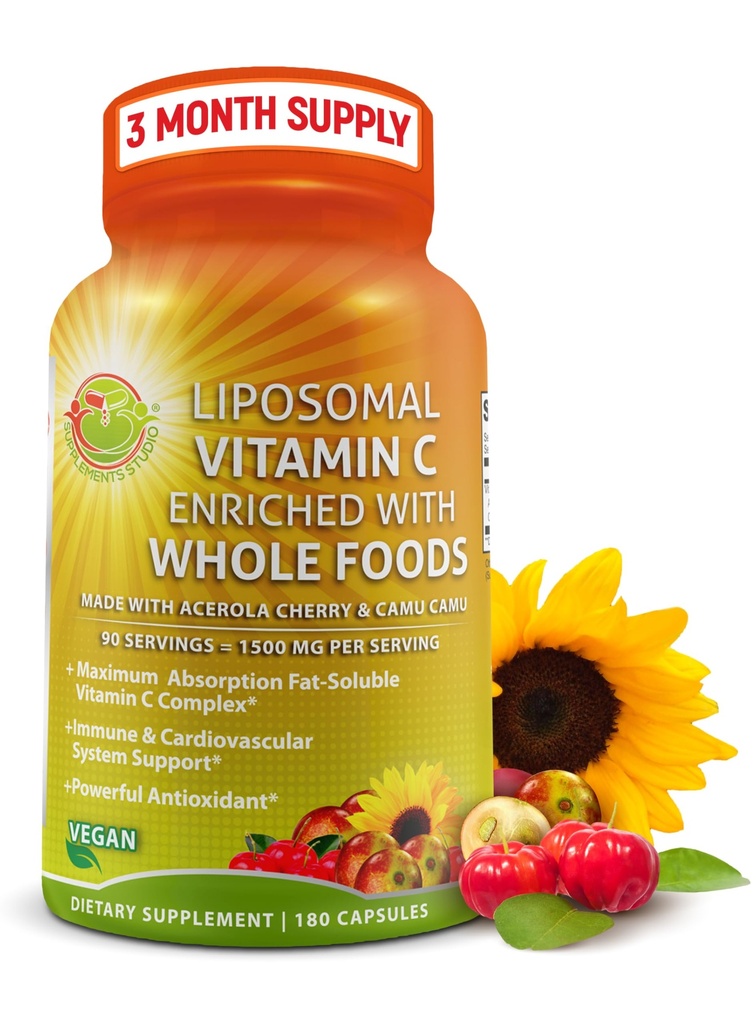Liposomale Vitamin C Kapseln - 1500mg - Hergestellt mit Bio Acerola Kirschen & Camu Camu, hohe Potenz Vitamin C Liposomal - Immununterstützungsergänzung, verbesserte Absorption & Bioverfügbarkeit - 180 Zähler