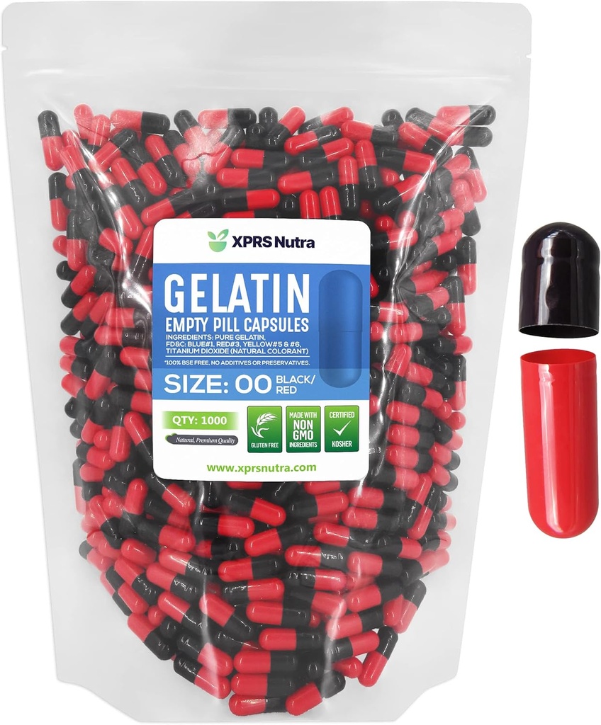 XPRS Nutra Größe 00 Leere Kapseln - 1000 Graf Leere Gelatine Kapseln - Pillen DIY Kapsel Füllung - Füllbare Pille Gel Kapseln für Do-It-Yourself Ergänzungen (schwarz/rot)