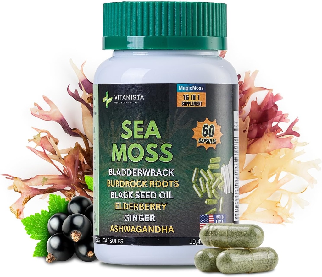 Sea Moss Capsules – 16-in-1 Sea Moss Supplement mit Bladderwrack, Burdock Root, Black Seed Oil, Ashwagandha – Immune Support & Energy Booster – 60 Vegan Capsules (19445mg)