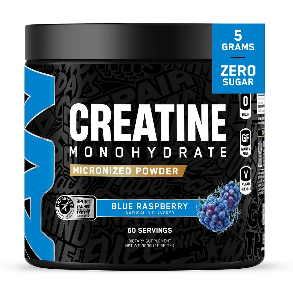 All Black Everything Creatine Monhydrate de 60 portions Bleu Razz de la poudre d'acide amino micronisée Soutien Muscles de l'énergie cellulaire Fonction cognitive sans gluten et amicale Keto