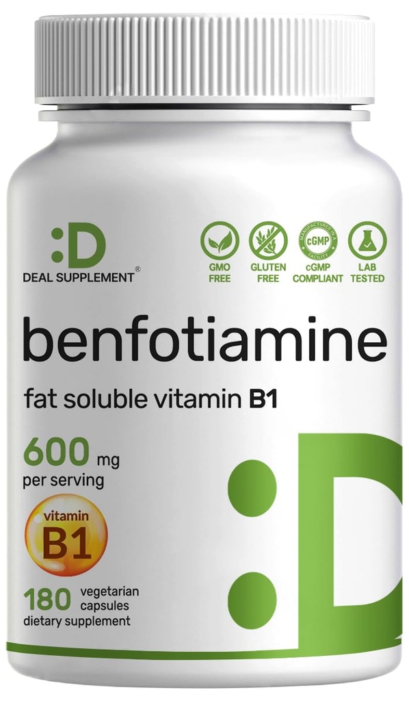 Benfotiamin 600mg pro Servierung, 180 Veggie Kapseln (300mg pro Cap) – Fett lösliches Vitamin B1 Thiamin Supplement – 3. Partei Getestet, Vegan, Non-GMO, Glutenfrei