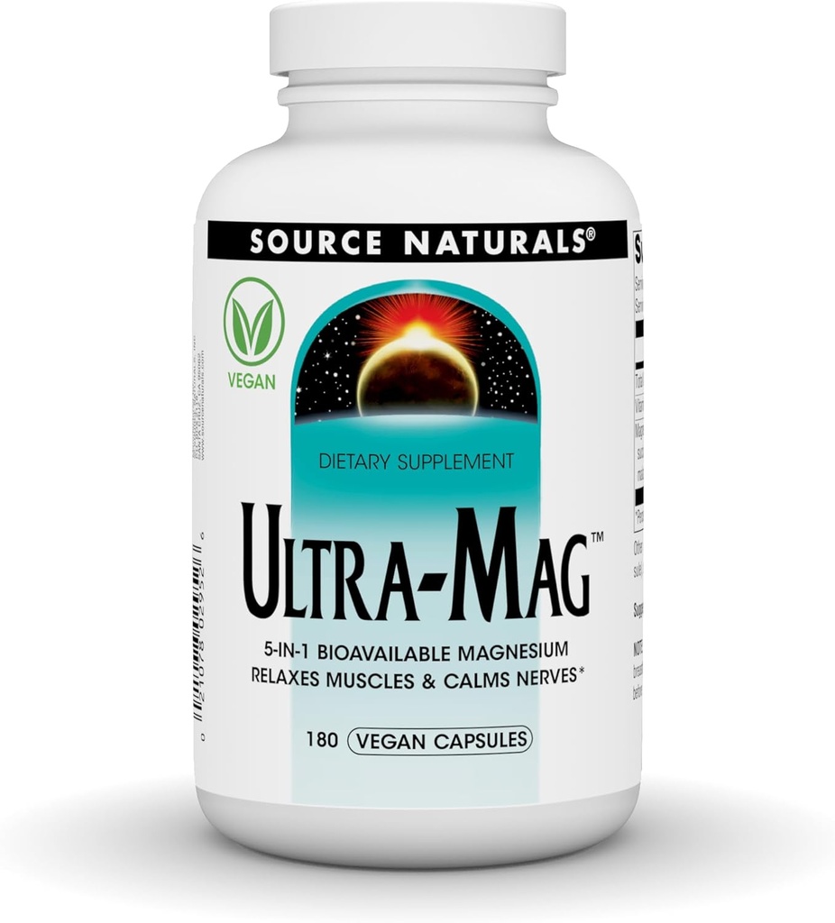 Quelle Naturals Ultra-Mag, Vegan Nahrungsergänzung, 5-in1 Bioverfügbares Magnesium, entspannt Muskeln & Kalorien Nerves*, Vegan Kapseln (180)