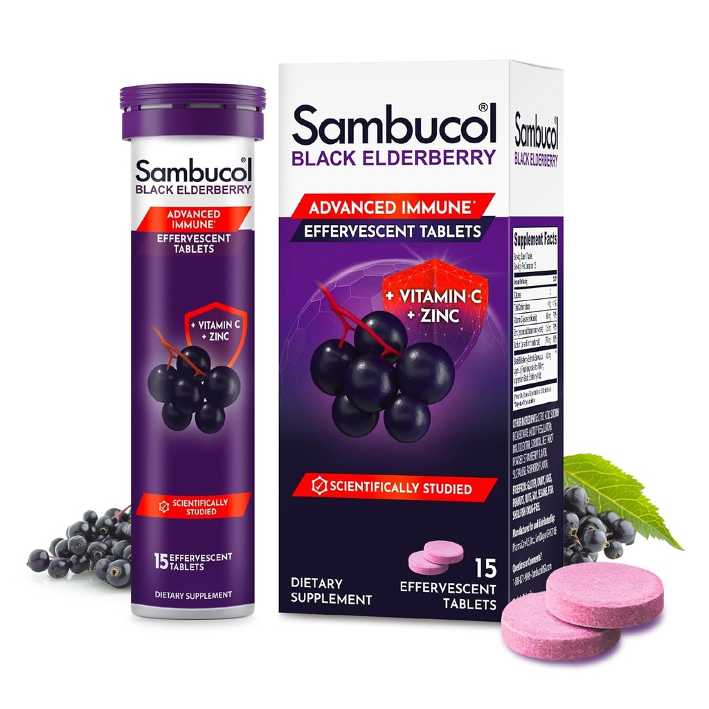 Sambucol Black Elderberry Effervescent Tablets - Elderberry mit Zink und Vitamin C für Erwachsene, Elderberry Lösen Tabletten, Beeren - 15 Count
