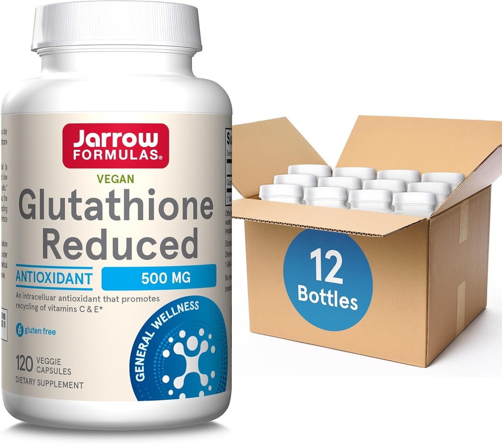 Jarrow Formulas Glutathione Reduzierte 500 mg- 120 Veggie Kapseln- Intrazelluläre Antioxidantien- Qualität Glutathion Ergänzungen- Unterstützt Recycling von Vitaminen C & E- Non-GMO- Gluten Free- Vegan, 12 Packungen
