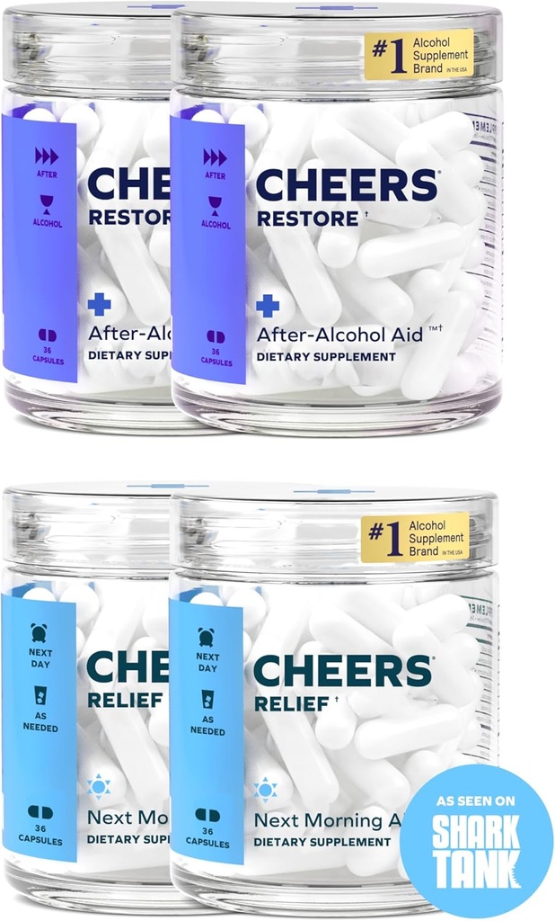 Cheers R&R Combo | Restore + Relief | Fühlen Sie sich besser nach dem Trinken und unterstützen Sie Ihre Liver | DHM, L-Cystein, Milchdistel, Ingwer, Weiß Willow Bark, Koffein, L-Theanine | 24 Dosierungen Jede | Ergänzungen