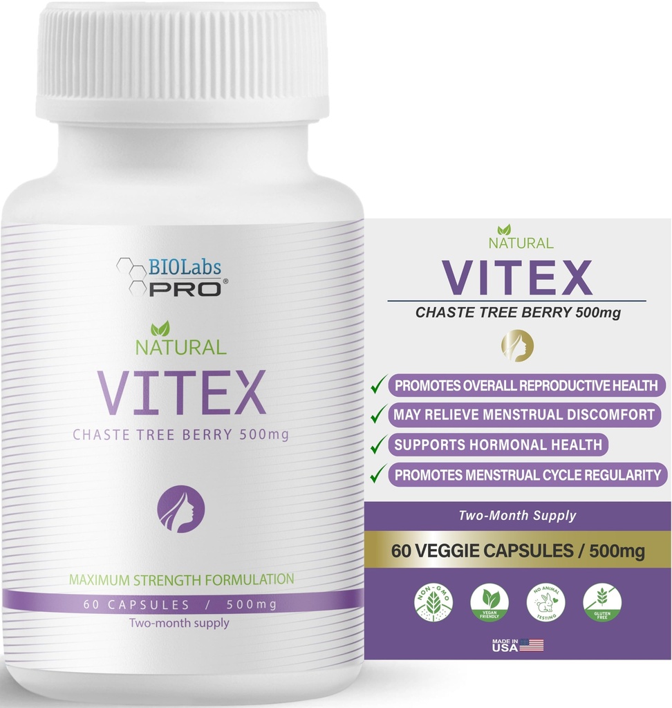BIOLABS PRO Natürliche Vitex Chasteberry Ergänzung für Frauen - Pure Chaste Tree Berry Extract 500mg, maximale Stärke Formulierung, Vegan Kapseln, unterstützt Hormonal Balance - (60 Caps - 2-Month Supply)