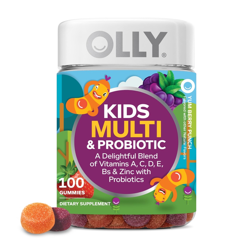 OLLY Kids Multivitamin & Probiotic Gummy, Digestive Unterstützung, Vitamine A, D, C, E, B, Zink, Chewable Supplement, Berry Flavored, 50 Day Supply - 100 Count