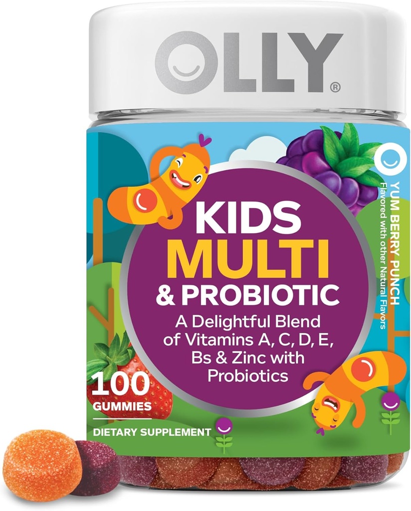 OLLY Kids Multivitamin & Probiotic Gummy, Digestive Unterstützung, Vitamine A, D, C, E, B, Zink, Chewable Supplement, Berry Flavor, 50 Tage Versorgung - 100 Count