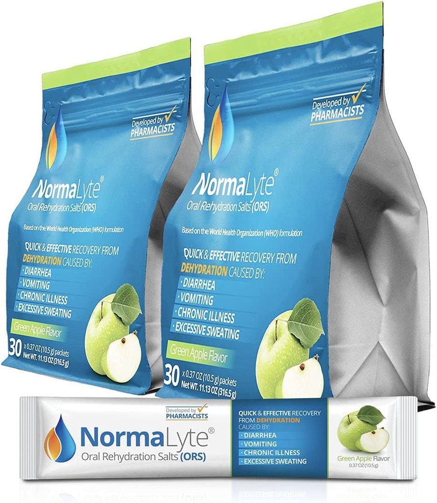 NormaLyte sels de réhydratation orale-2 Pochettes - 60 bâtonnets (rends 500mL par paquet)-Apple - Suppléments d'énergie, supplément de potassium, récupération de déshydratation et absorption rapide