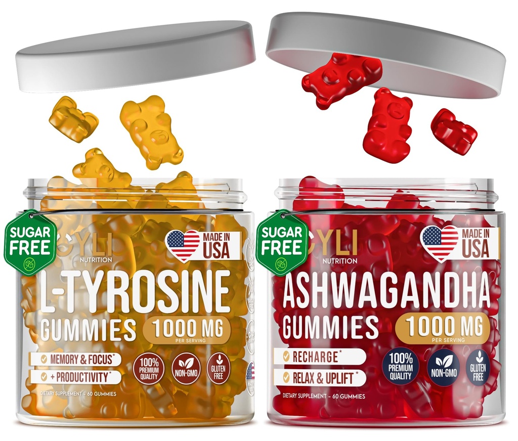 L-Tyrosine Gummies + Ashwagandha Gummies - L Tyrosine Supplement und Ashwagandha ergänzt Bundle - Ashwaganda, L-Tyrosine für Kinder & Erwachsene - 60 Ashwa Gummies, 60 L-Tyrosine Focus Gummies