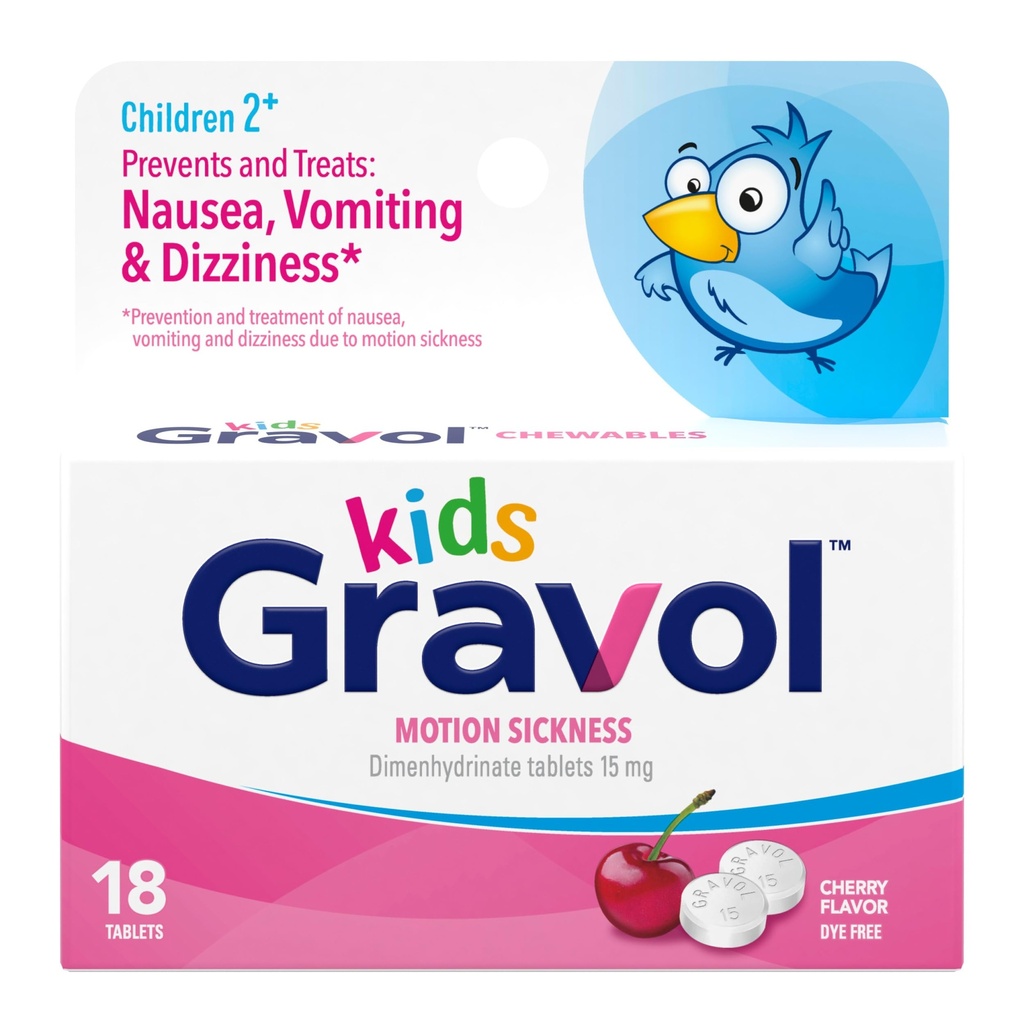 Comprimés croustillants pour enfants gravols pour nausées, stomach relevé et soulagement de la maladie du mouvement, sans colorant, saveur de cerise, 2 à 12 ans, 18ct