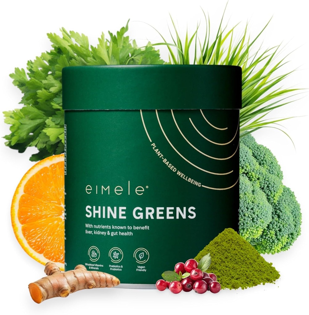 eimele | Shine Greens | Pflanzenbasierte Superfood-Grünen Pulver für Gutgesundheit | Unterstützt Energie, Verdauung & Immunität | Verpackt mit Antioxidantien, essentielle Nährstoffe & Probiotika | 42 Portionen (5.29oz)