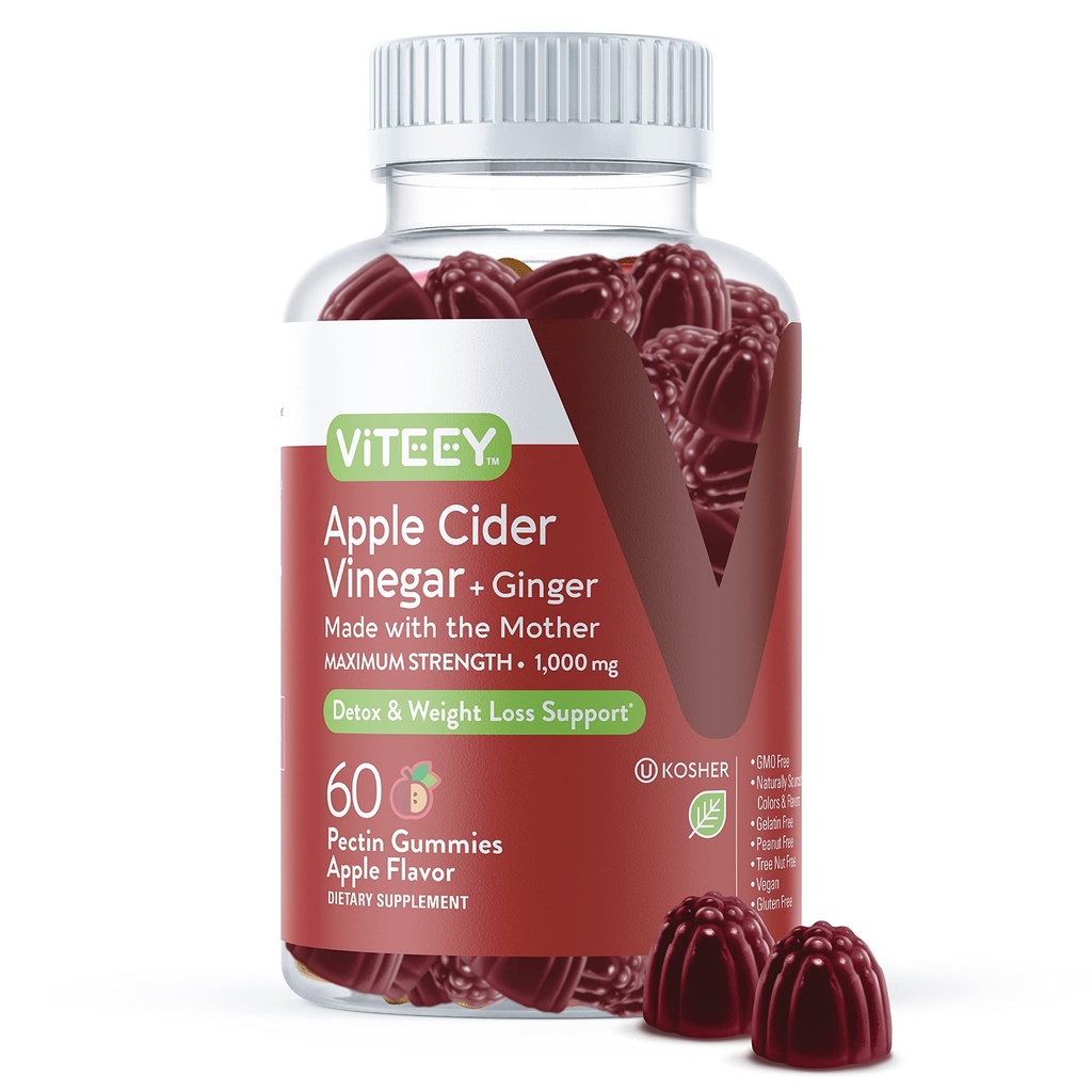 Viteey Apple Cider Essiggummis und Ginger – 1000 mg ACV Gummi für Gewichtsverlust, Detox und Verdauung – Vegan, Glutenfrei – 60 Count