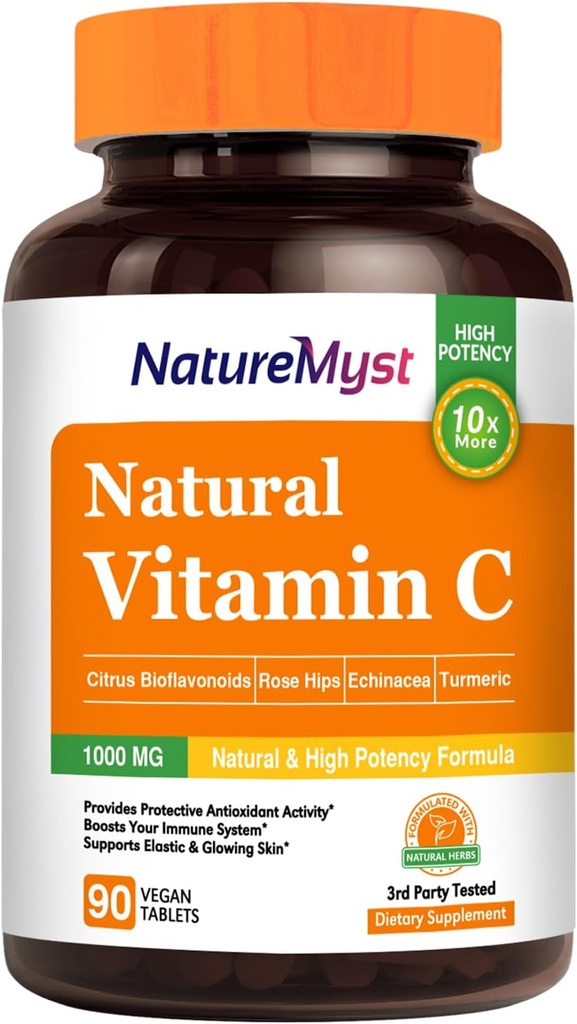 Vitamin C Tablet, 1000 mg, Natürliche Form, hohe Potenz, Citrus Bioflavonoide, Rose Hip, Echinacea & Turmeric, Immun- & Hautgesundheit, 90 Vegan Tabletten