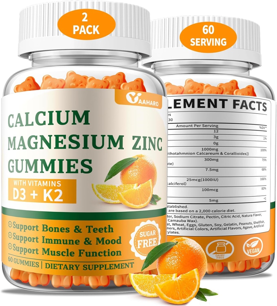 (2 Pack) Calcium Magnesium Zink-Gummi mit Vitamin D3 & K2 - Zuckerfreie Calcium-Gummi-Gummi für Damen und Herren - Knochen & Immununterstützung - Non-GMO, Glutenfrei, Orange Flavored - 120 Count