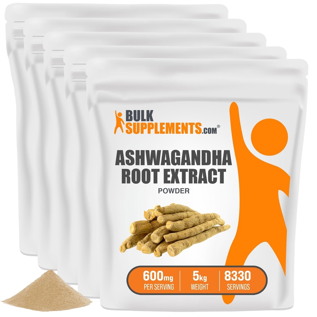 BulkSupplements.com Ashwagandha Root Extract Powder - Ashwagandha Supplement, Ashwagandha Powder - von Ashwagandha Root - Vegan & Gluten Free, 600mg pro Servierung, 5kg (11 lbs) (Pack mit 5)