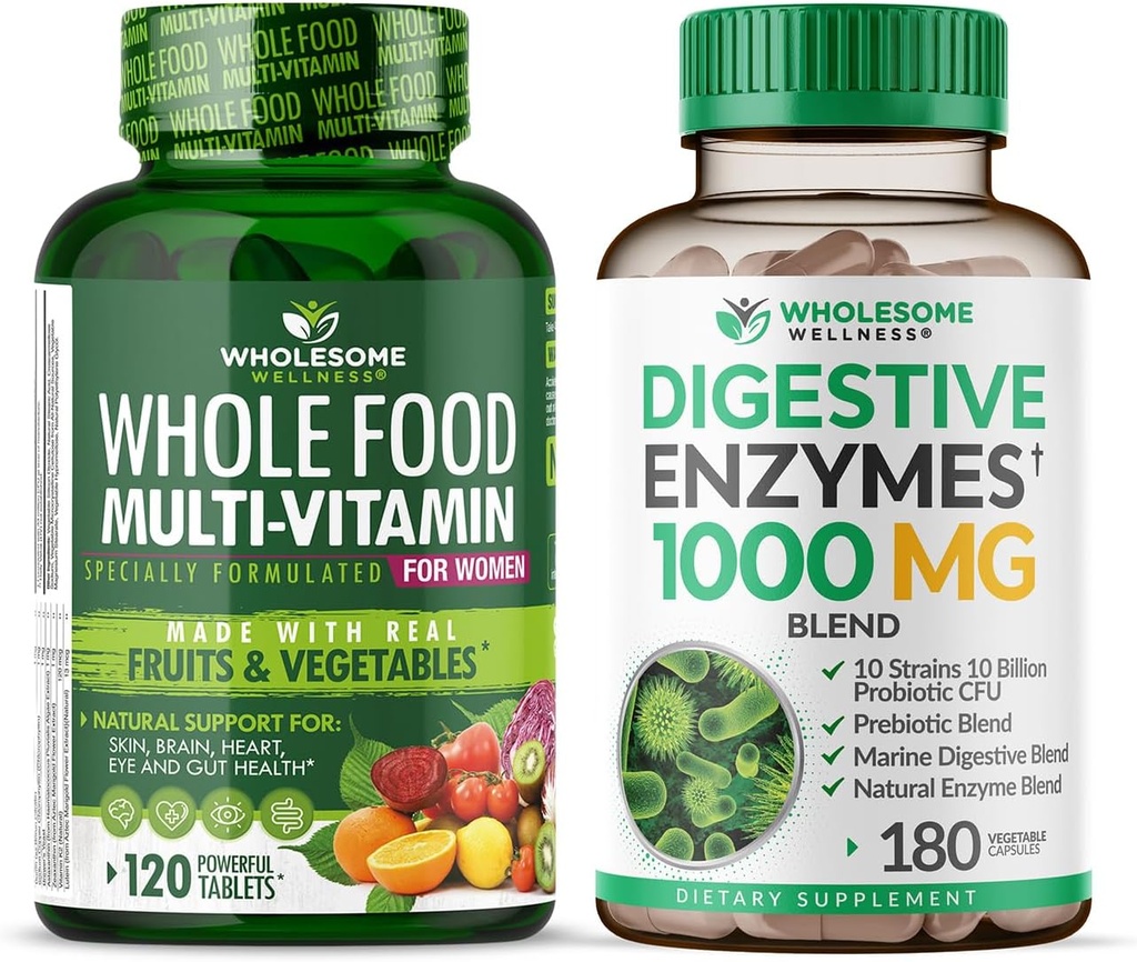 Wholesome Wellness Whole Food Multivitamin for Women - Natural Multi Vitamins, Minerals, Organic Extracts Digestive Enzymes 1000MG Bundle