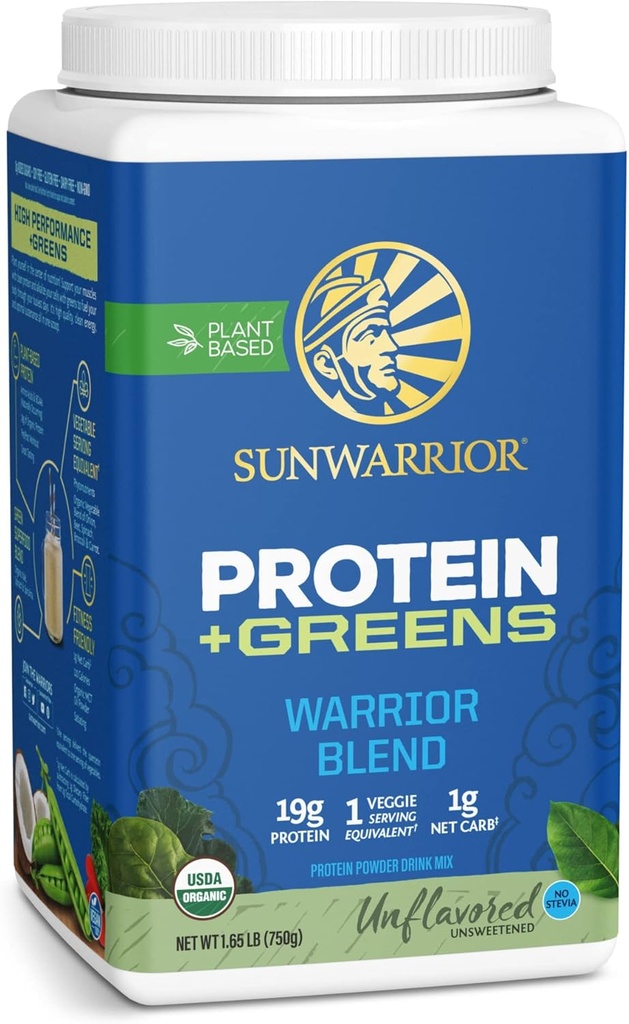 Sunwarrior Warrior Blend Protein Greens Powder Drink Mix | BCAA Plant Based Organic Hemp Seed Vegan Gluten Free Non-GMO Low Carb Protein Powder | Unflavored 750 G 30 SRV