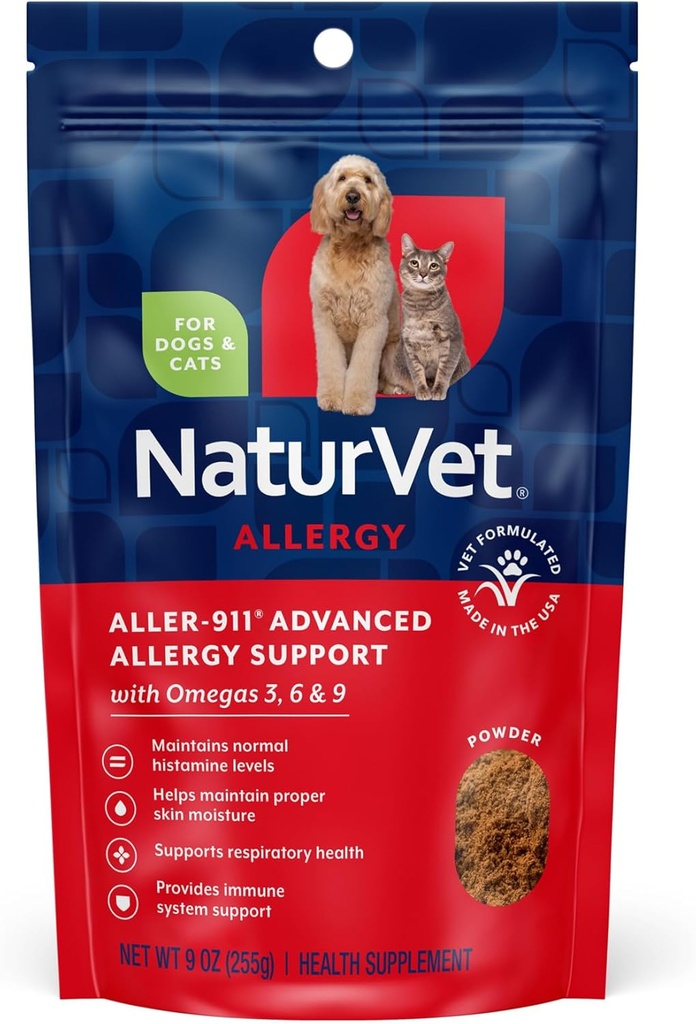 NaturVet Aller-911 Advanced Allergy Aid Formula Powder Plus Antioxidantien für Hunde und Katzen, 9 Unzen Pulver, Made in USA
