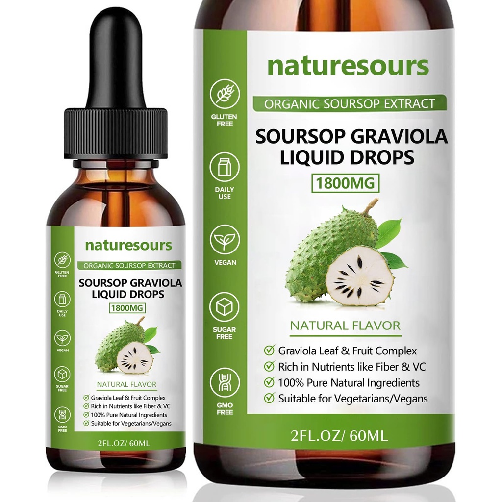 Natursours 100% reiner Bio-Soursop-Extrakt, Soursop Graviola-Flüssigtropfen 1800MG, Bio reines Soursop Blätter und Obst-Extrakt, Zucker/Gluten frei, 2 FL.OZ (1)