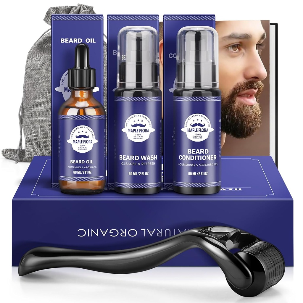 Bart Geschenk-Kit - Öl,Wash,Conditioner, Roller (Needle Länge: 0,25mm) für Bart, Aufbewahrungstasche,Mustache Geschenke Set für Freund Husband Väter Papa Männer Ihn