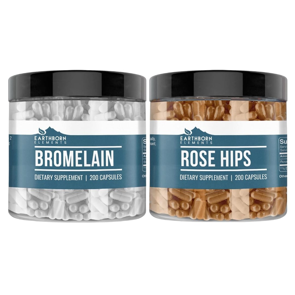 Earthborn Elements Rose HIPS & Bromelain Capsule Bundle (200 Kapseln jeder), Pure & uniluted, keine Zusatzstoffe