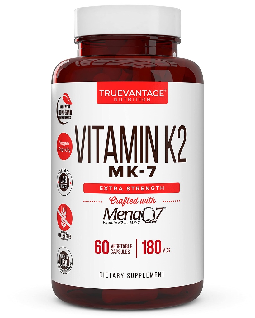 Vitamine k2 MK-7 Supplément 180mcg -Vitamine K2 soutient la santé des os et du coeur pour l'absorption de calcium cardiovasculaire des artères- 60 Captures végétales faciles à avaler de MenaQ7 K2 MK7
