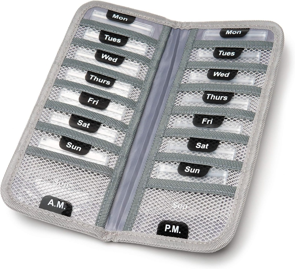 AM/PM Bi-Folding Pill Organizer + Supplement Fall für OTC Medizin, Verschreibung + Vitamine - 14 Labeled Monday-Sunday Slide Lock Pouches, Grey Travel Pill Case