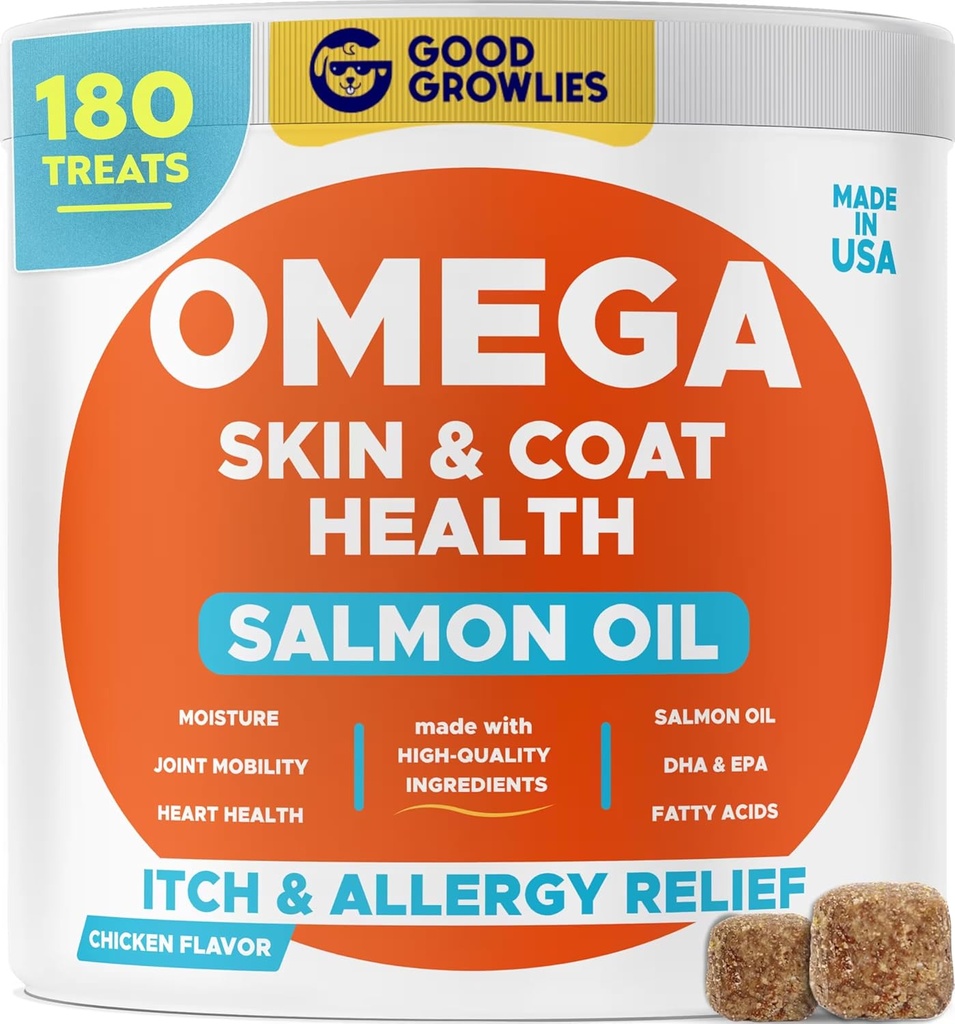 Omega 3 Traités d'huile de poisson de l'Alaska pour chiens (180 Ct) - peau sèche et distillée + allergie - Manteaux brillants - EPA&DHA Acides gras - Huile naturelle de saumon Mâche - Poulet Turquie