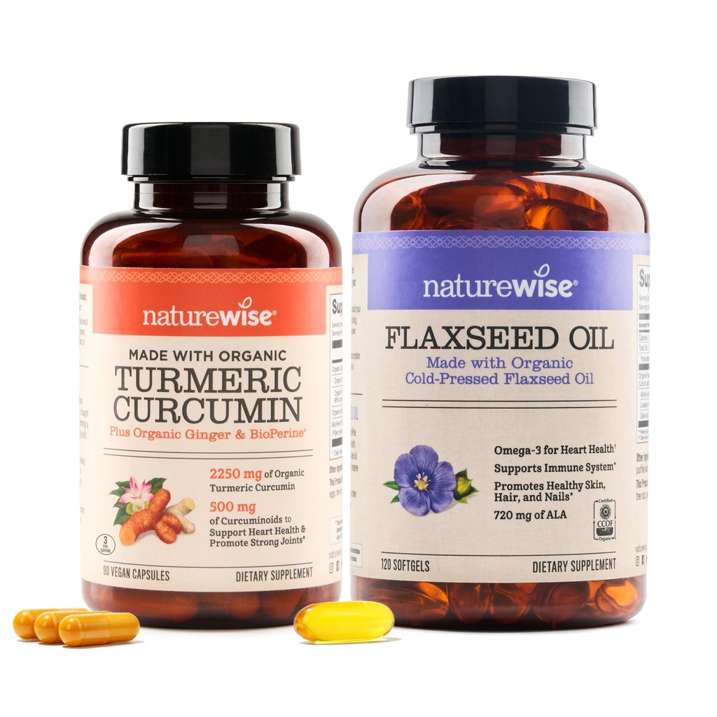 NatureWise Curcumin Turmeric 2250mg & Flaxseed Oil 1200mg Omega 3 6 9 Softgels für Gelenk-, Herz- und Immununterstützung [1 & 2 Monate Versorgung]
