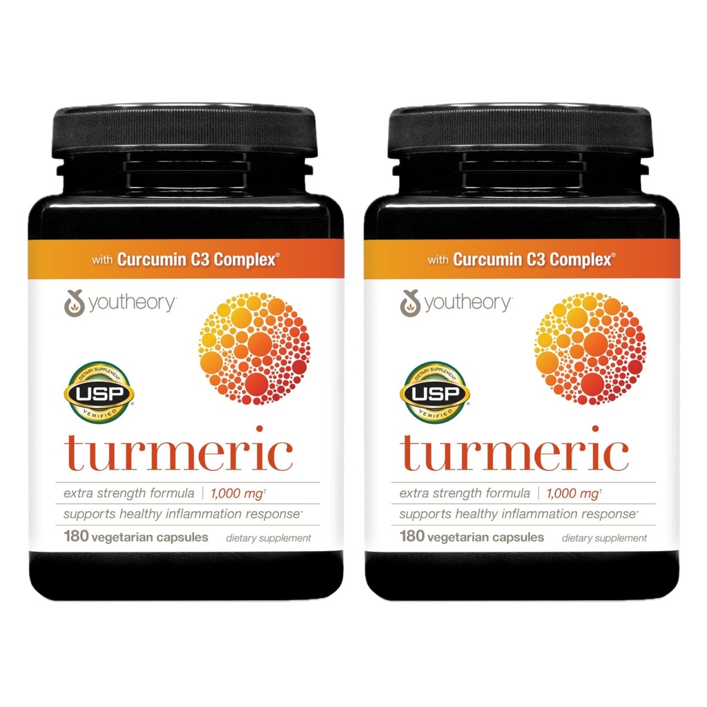 Youtheory Turmeric Extra Strength - 1.000 mg - Unterstützt Muskel & Gelenke Gesundheit* - Enthält Bioenhancers, Curcuminoids & Kräuterextrakte - USP Verified - 180 Vegetarische Kapseln, 2 Packung (180-Day Supply)