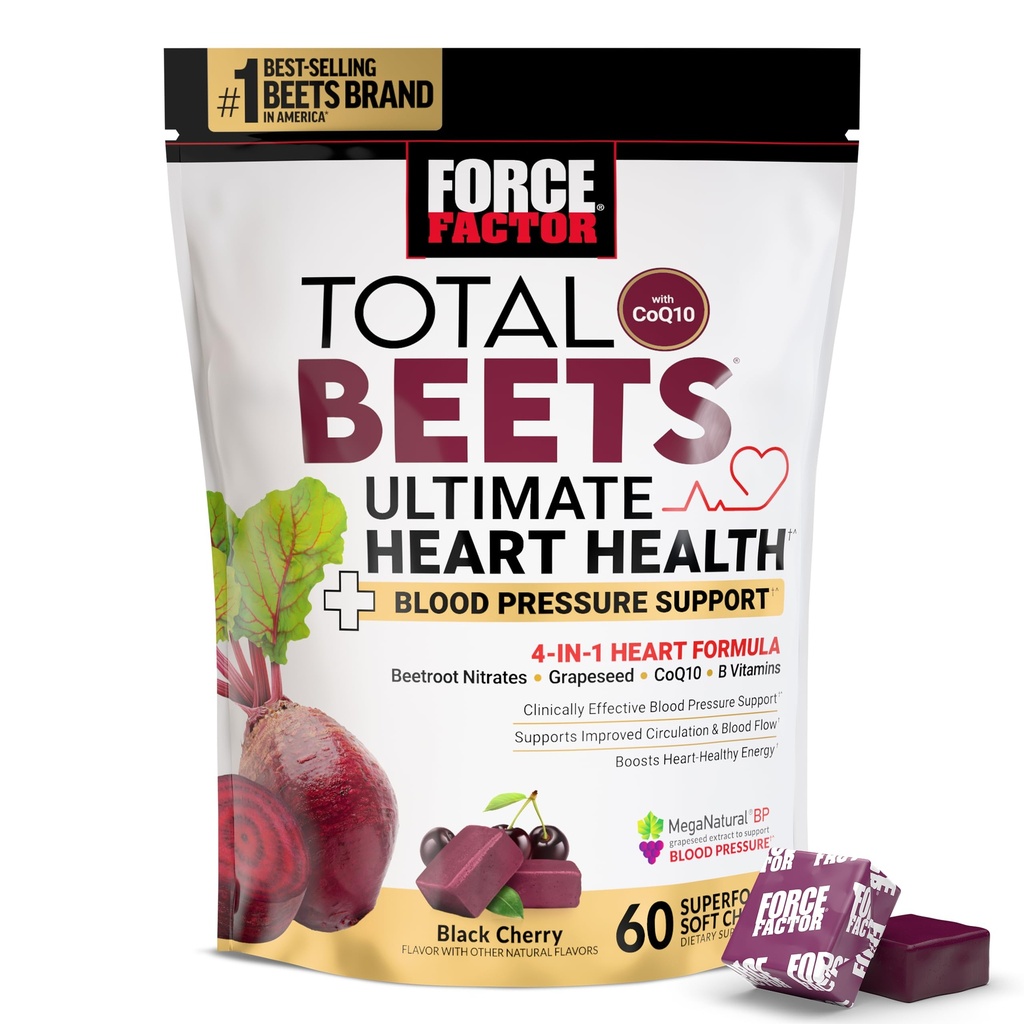 FORCE FACTOR Total Beets Ultimate Heart Health Chews for Blood Pressure Support, with Beetroot Powder, CoQ10, B Vitamine & Grapeseed Extract for Blood Flow & Energy, Black Cherry, 60 Soft Chews
