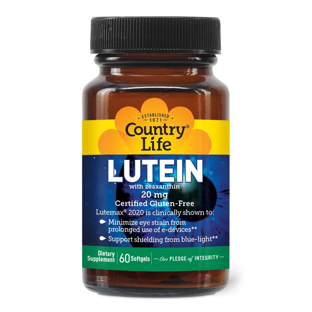 Country Life Lutein 20 mg Supplément - Certifié sans gluten - Eye Health Support with Lutein and Zeaxanthin - Réduit la souche oculaire des écrans - Pas de levure, maïs, blé, lait - 60 Softgels