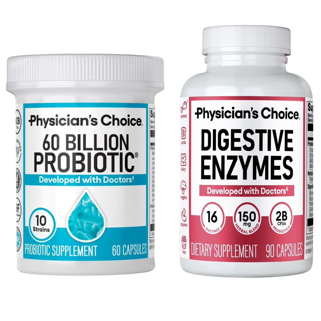 CHOIX du physicien - Trousse de santé optimale Gut : 60 milliards de probiotiques 60ct + enzymes digestives 90ct pour le confort digestif et le soutien immunitaire