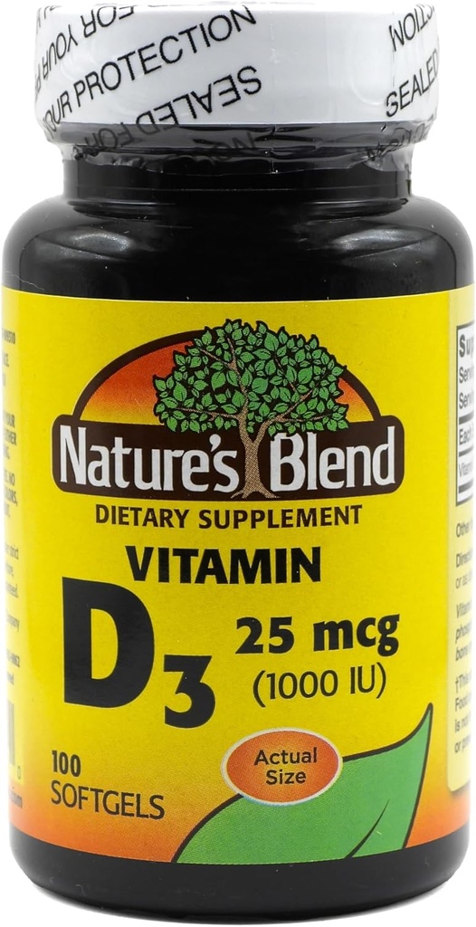 Mélange naturel Vitamine D3 25 MCG (1000 UI) Facile à avaler, 100 SOFTGELS