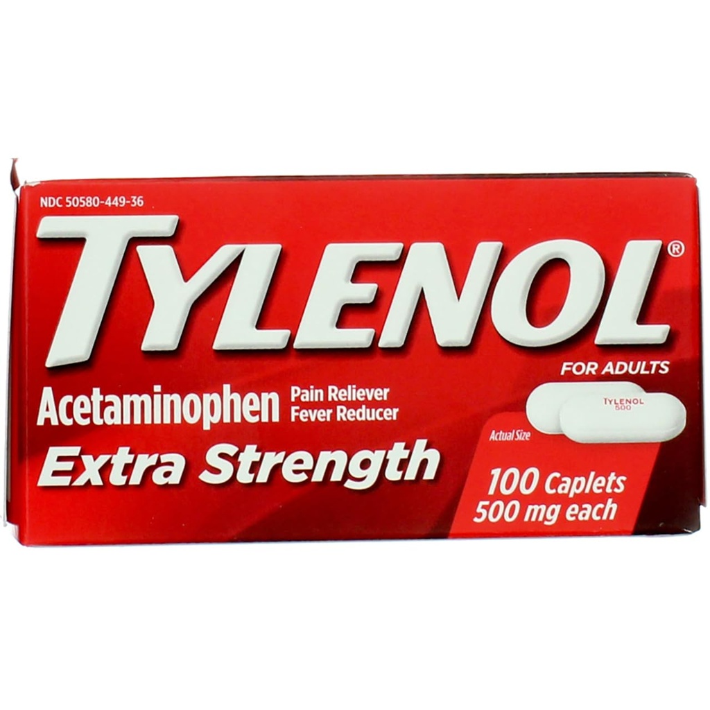 Capettes Tylenol Extra Strength avec 500 mg d'acétaminophène, analgésique et réducteur de fièvre, 100 ct