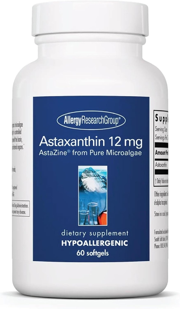 Allergy Research Group Astaxanthin 12mg Supplement - von Organic Microalgae, Augengesundheit, AstaZine Astaxanthin, natürliches Antioxidans, Hautgesundheit, Hirnfunktionsunterstützung, Softgels - 60 Count