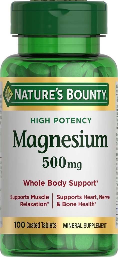 Nature's Bounty Magnesium, Mineralergänzung, unterstützt Knochen und Muskel Gesundheit, 500 mg, beschichtete Tabletten, 100 Zähler