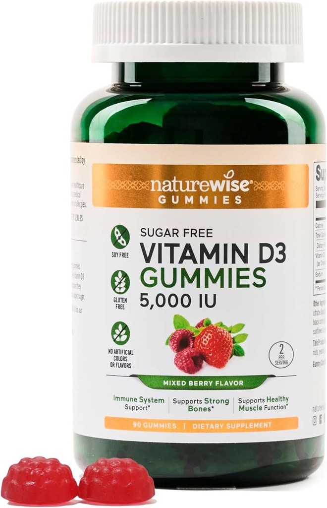 NatureWise Vitamin D3 5000 IU Gummie - Zuckerfreie Mischbeeren Geschmack - Vitamin D Gummi für Erwachsene, unterstützt Immunität, Muskel- und Knochenstärke -Gelatinfrei, Non-GMO - 90 Gummie[45-Day Supply]